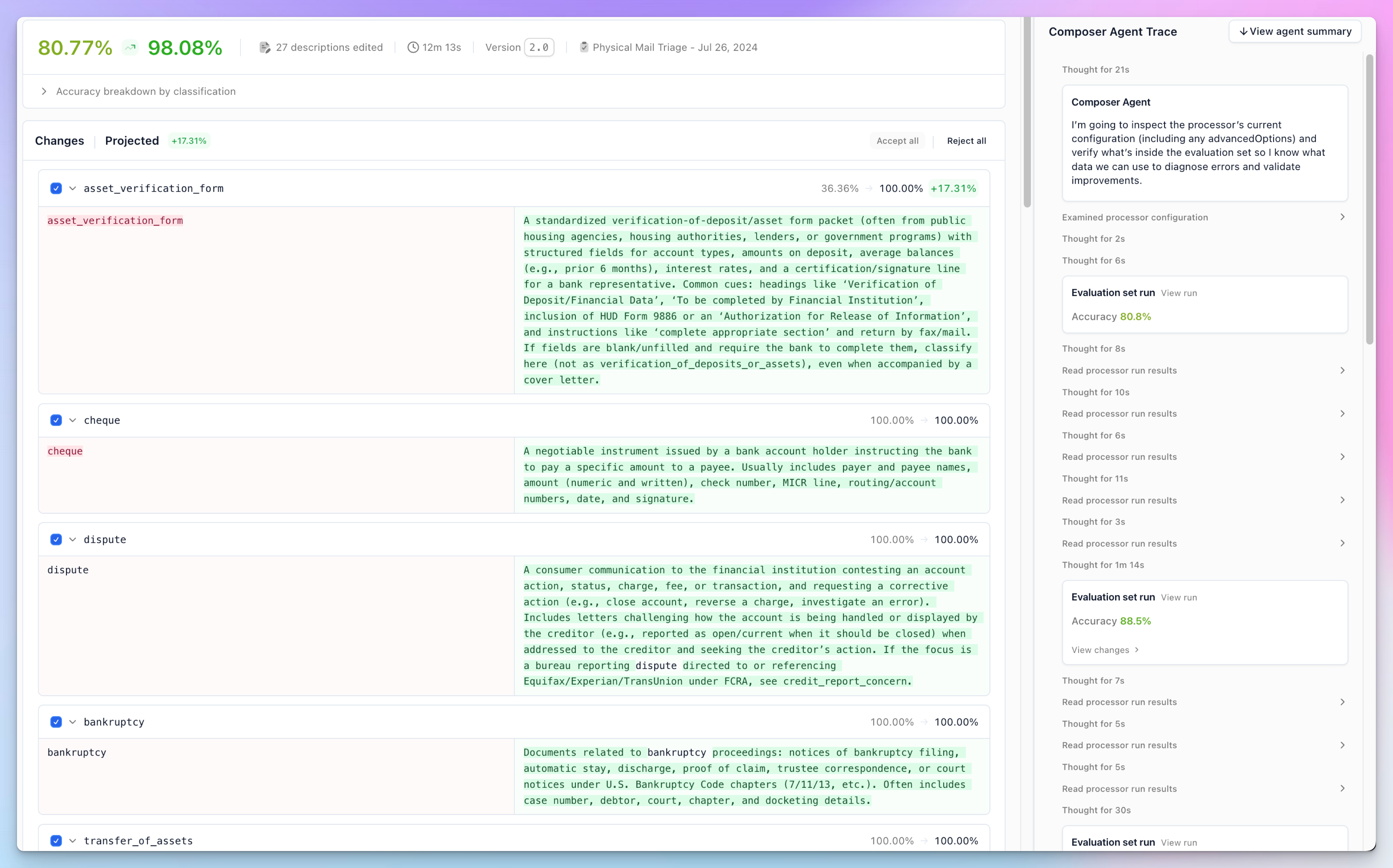 Composer agent results for classify