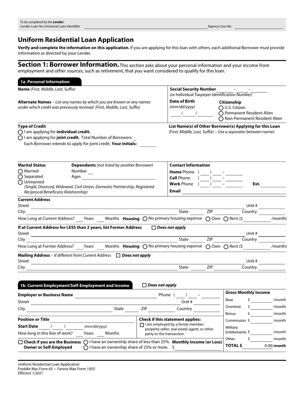 First page of a loan application packet