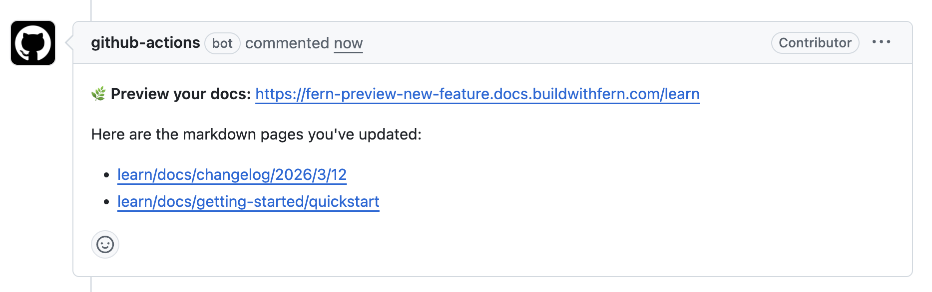 GitHub Actions bot comment on a pull request showing a named preview URL and direct links to changed documentation pages