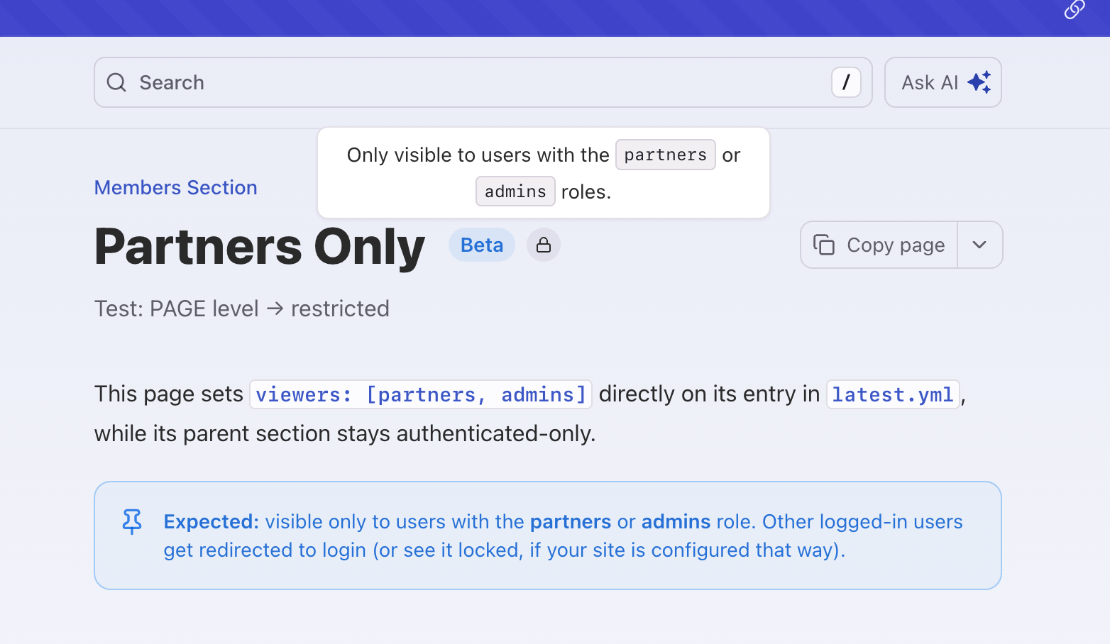 RBAC badge showing role restrictions on a page header