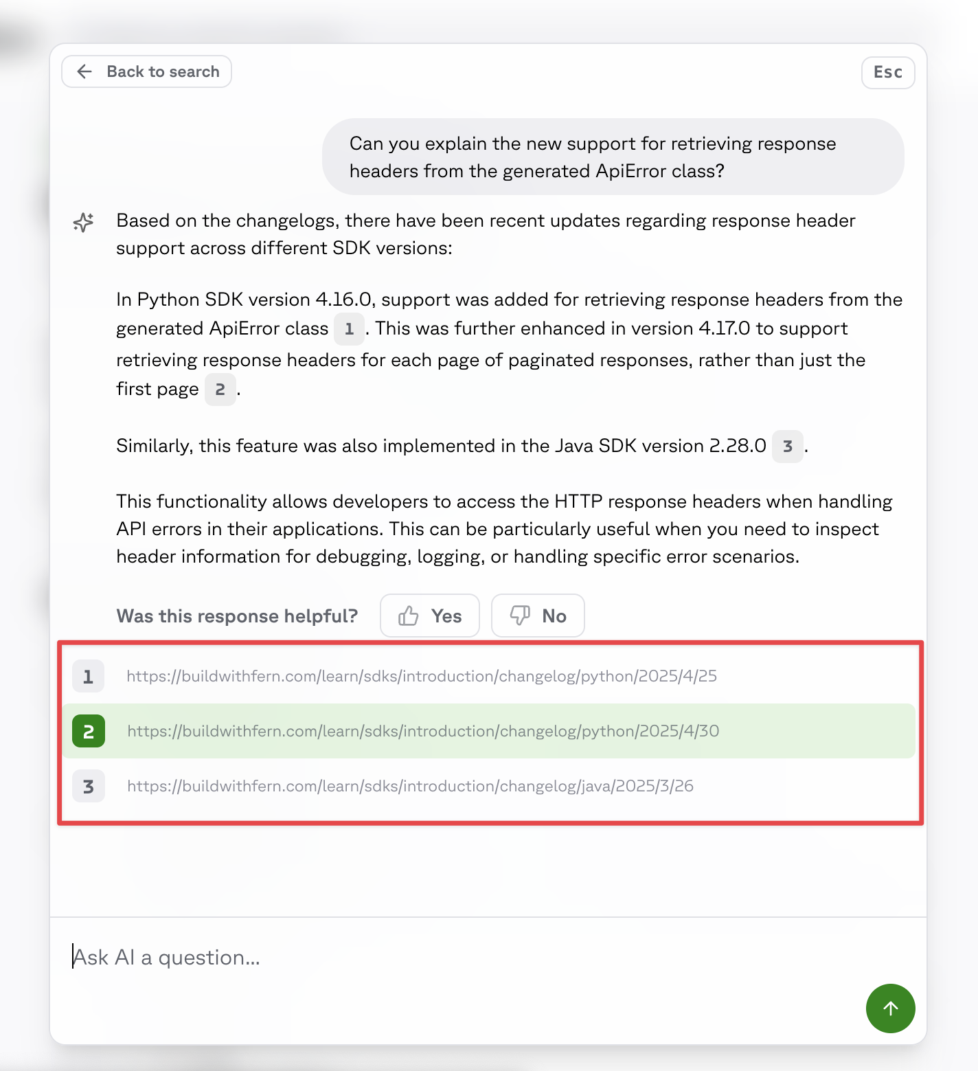 An Ask Fern result with citations