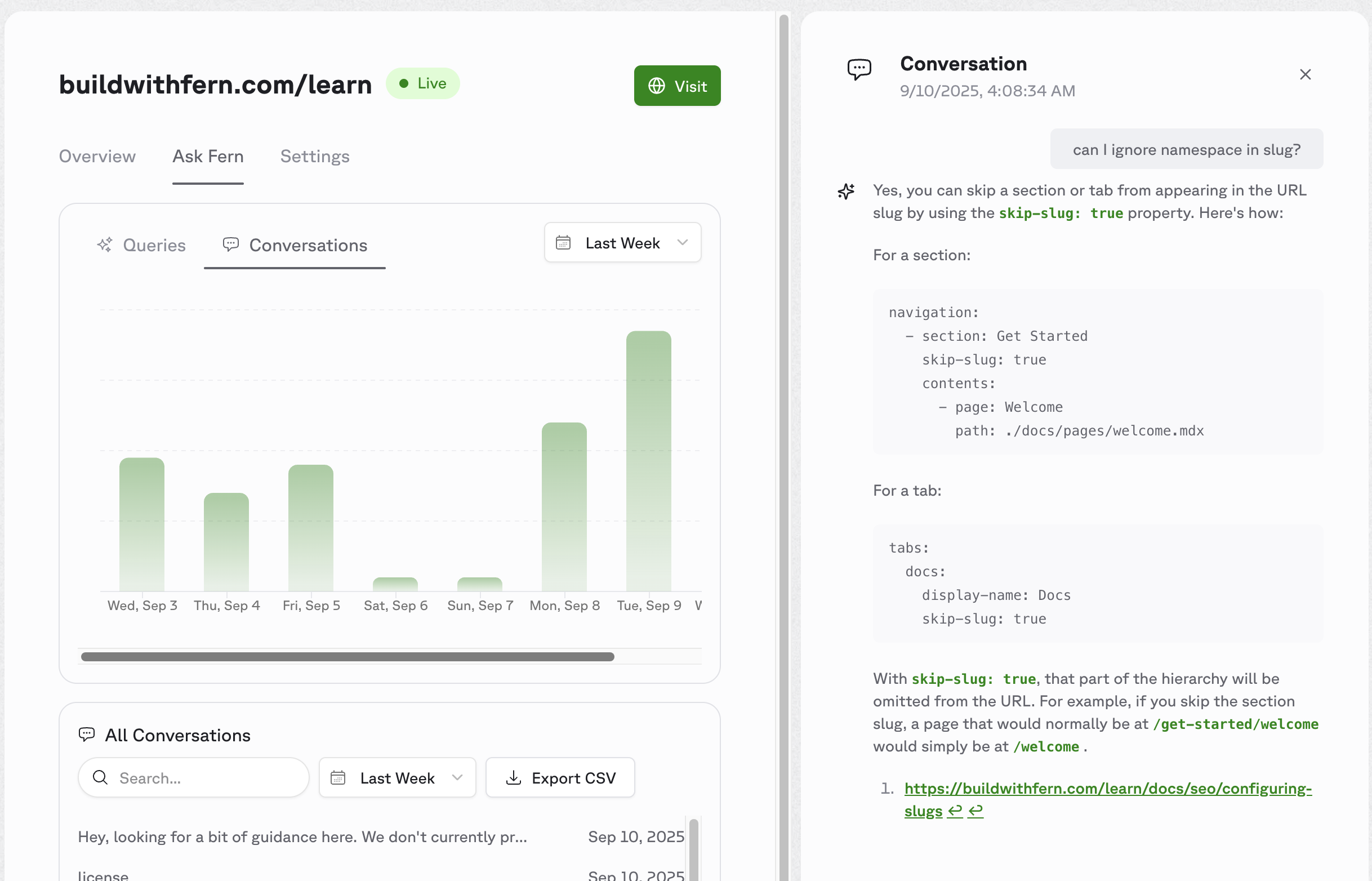 Query and conversation analytics on Fern Dashboard