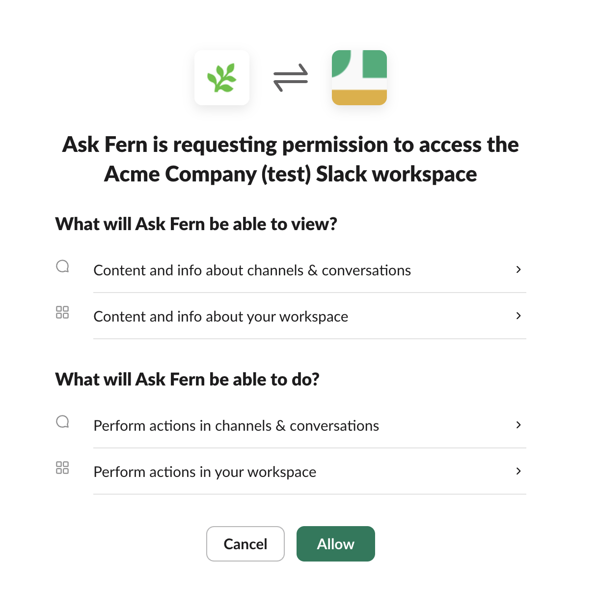 Allow Ask Fern for Slack workspace