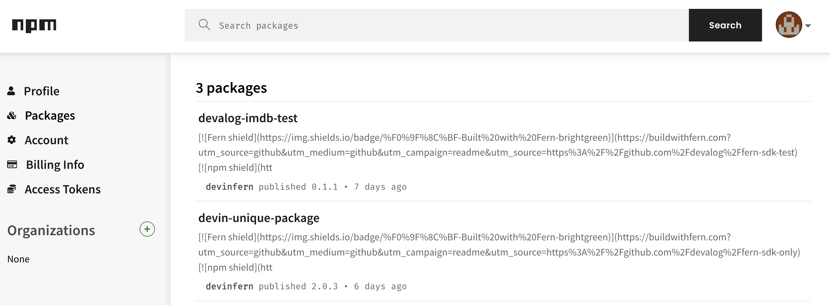 Versioned package published on npmjs.com