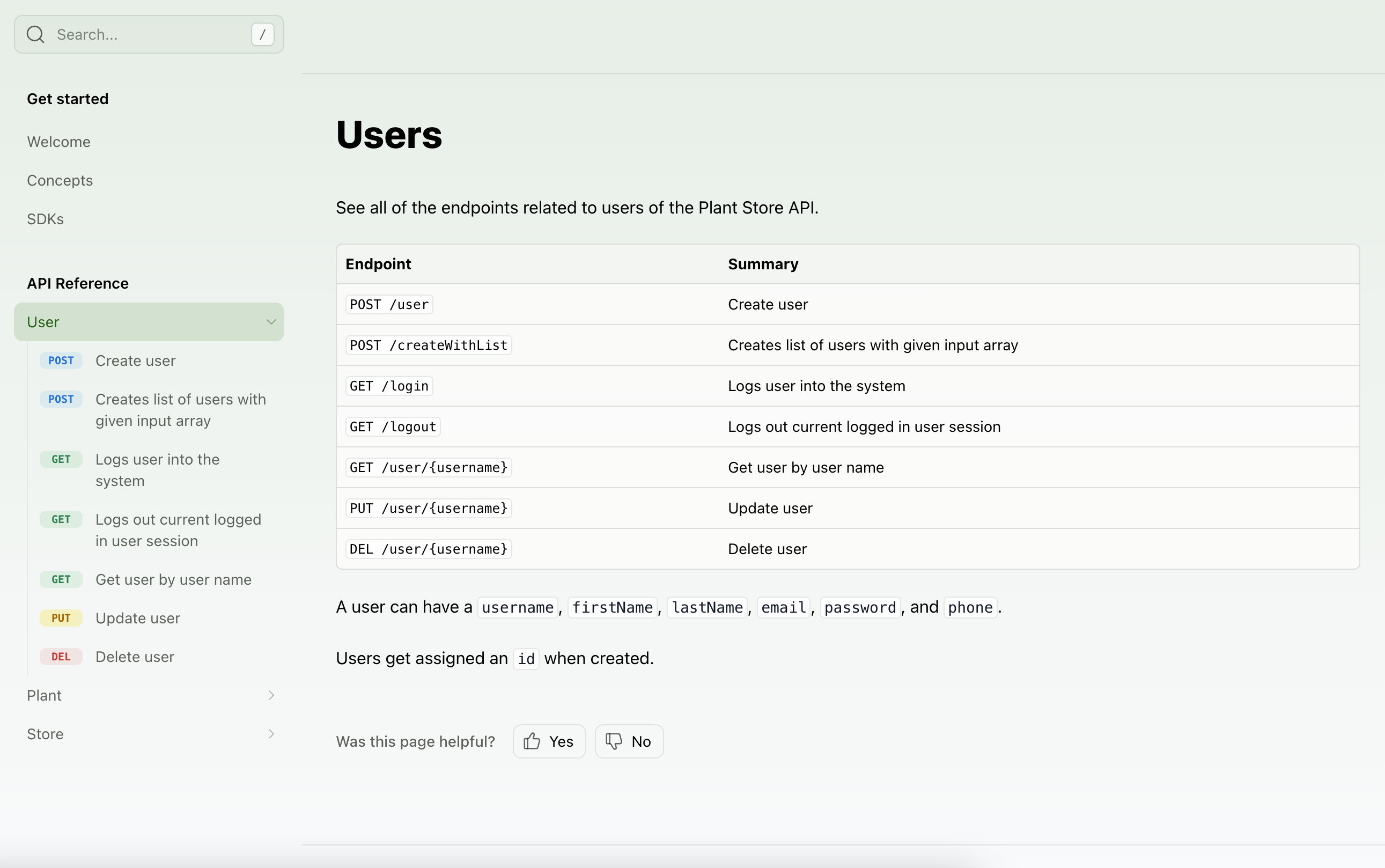 API Reference with a summary page