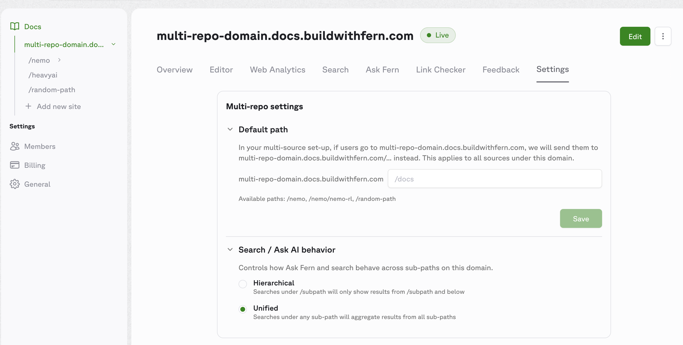 Multi-source settings in the Fern Dashboard