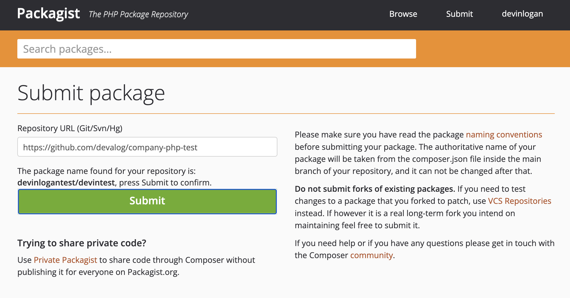 Submit Package Screen in Packagist