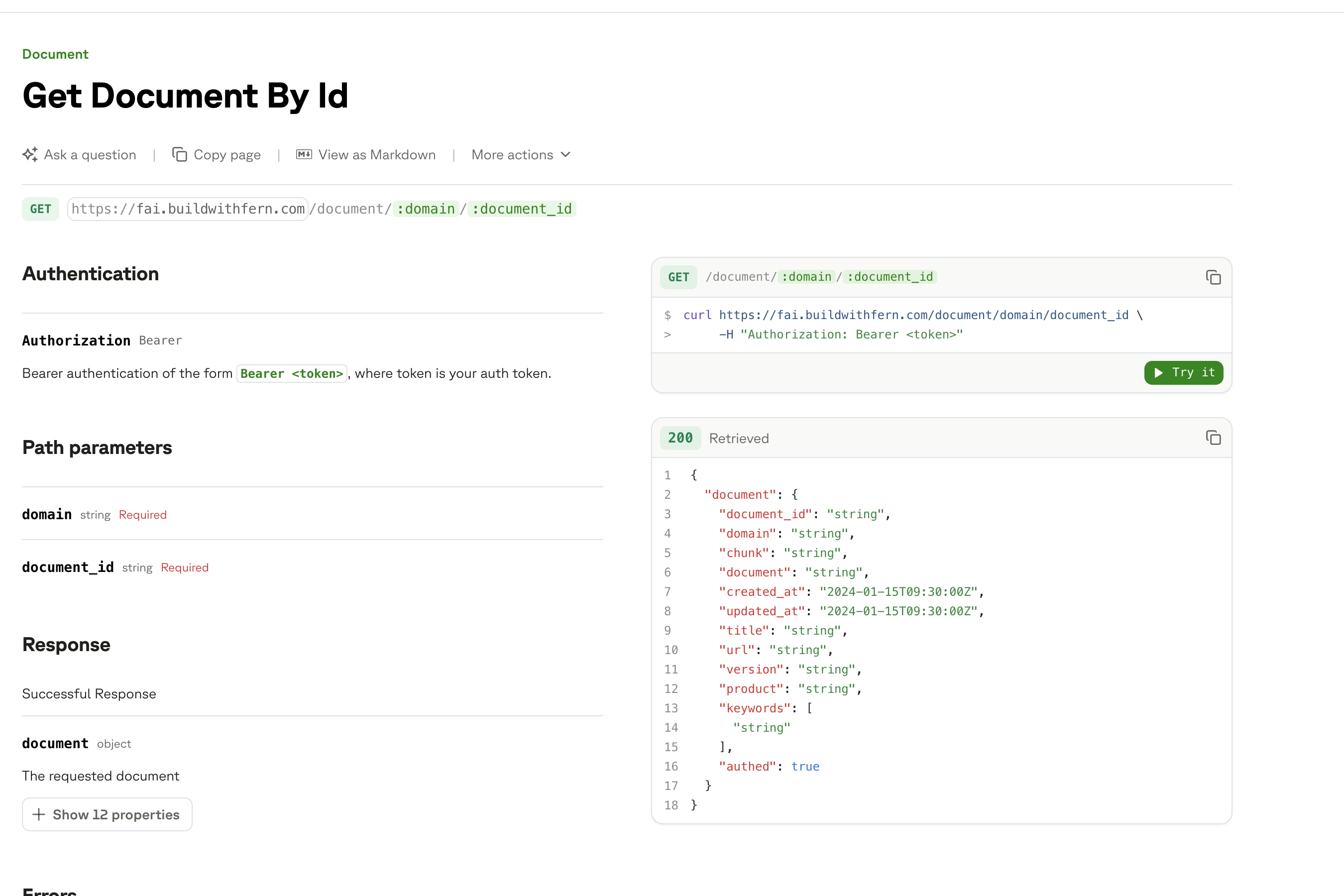 API Reference with placeholder string values