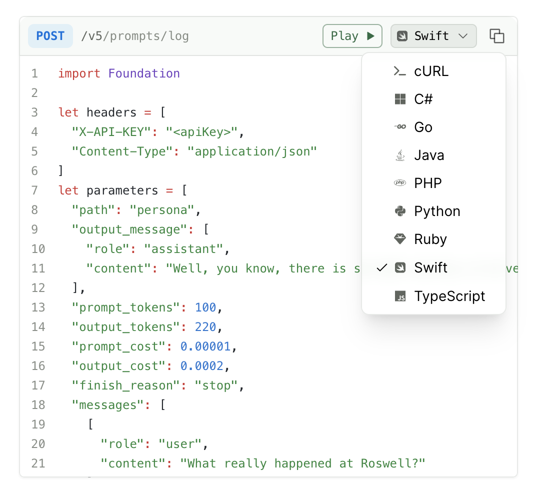 HTTP code snippet selector