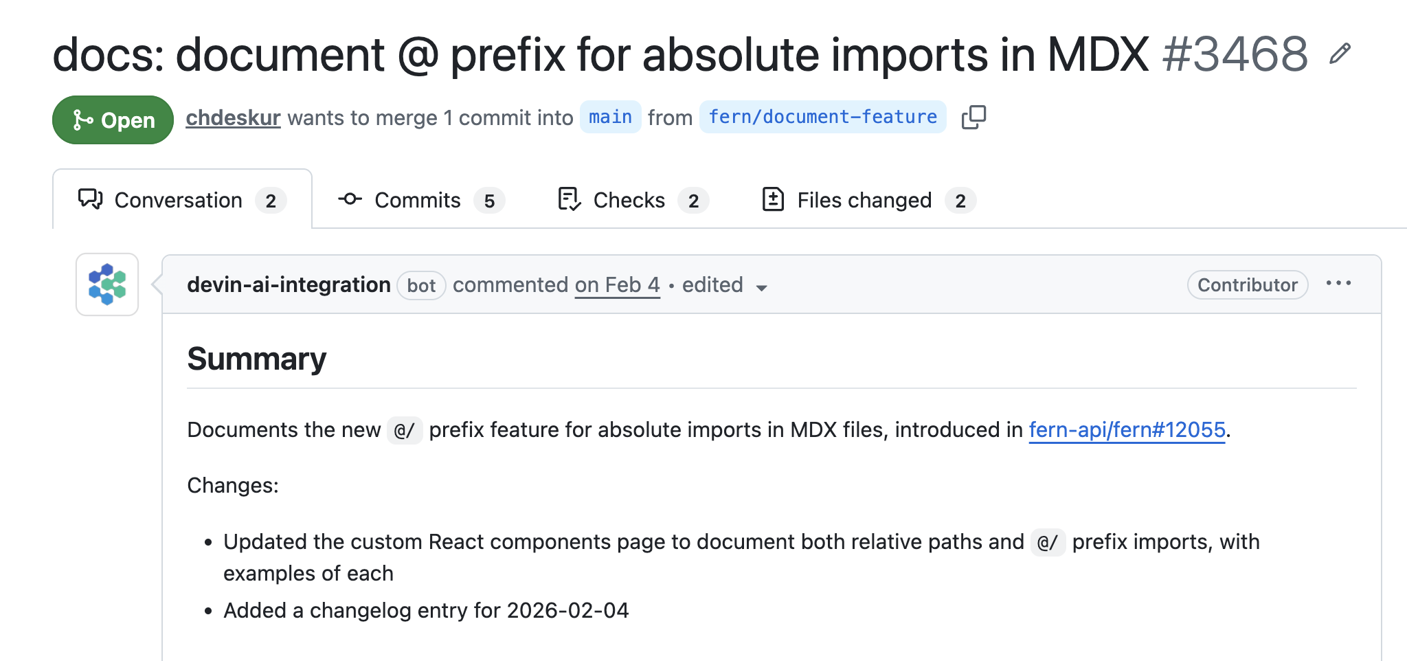 Fern Writer opening a PR