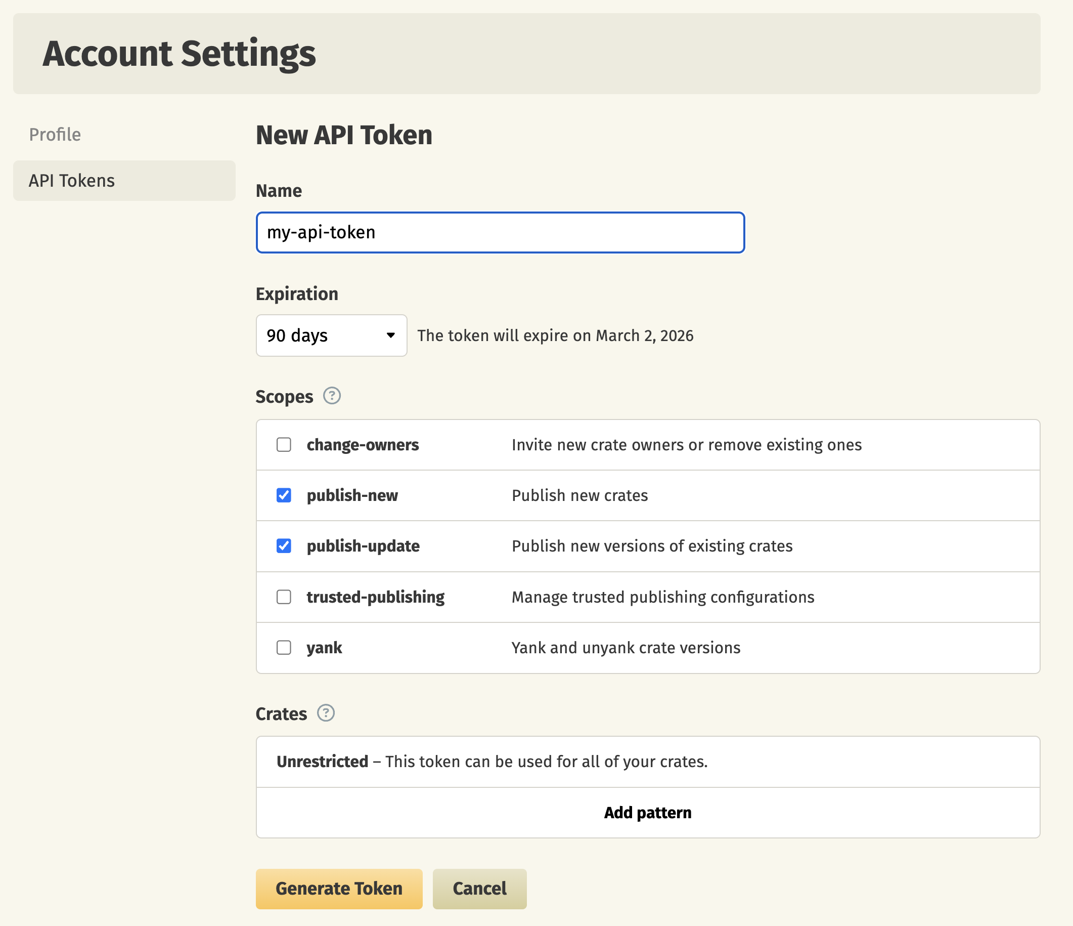Create a new API token on crates.io