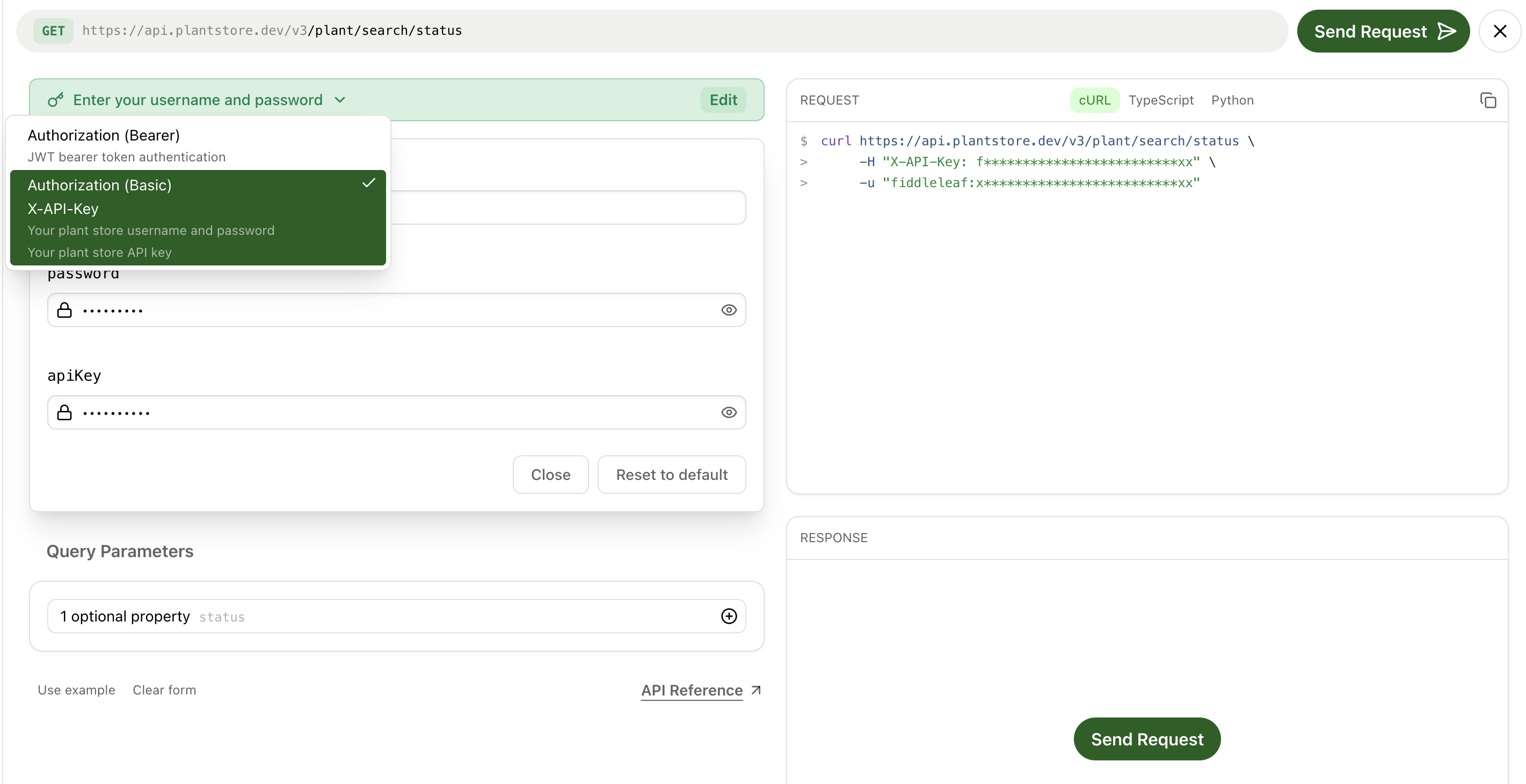 Authentication dropdown in the API Explorer