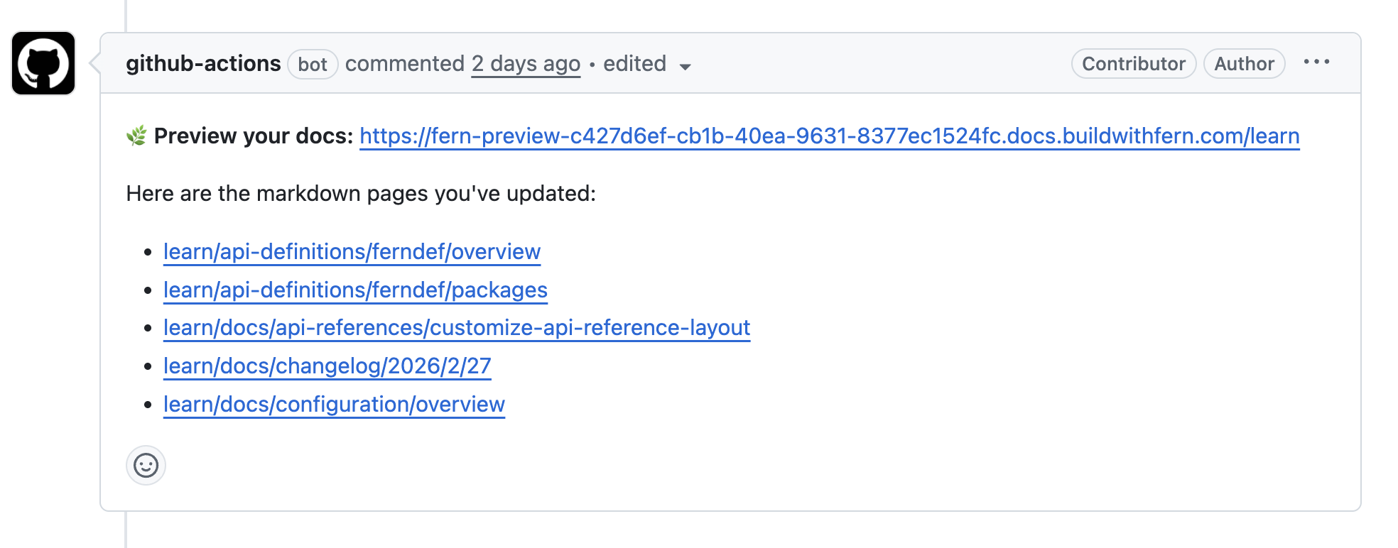 GitHub Actions bot comment showing a preview URL and a list of direct links to changed documentation pages