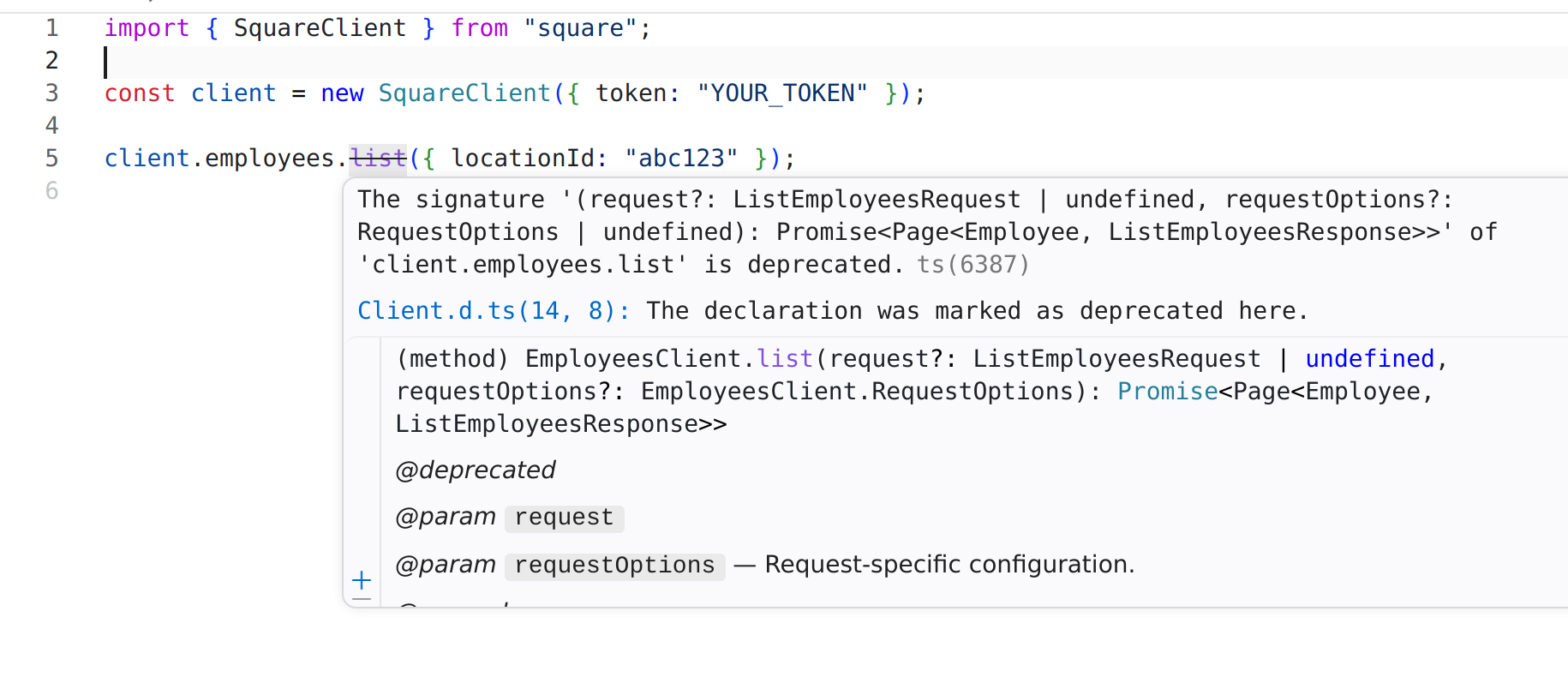 Deprecated method with strikethrough and @deprecated tag in VS Code
