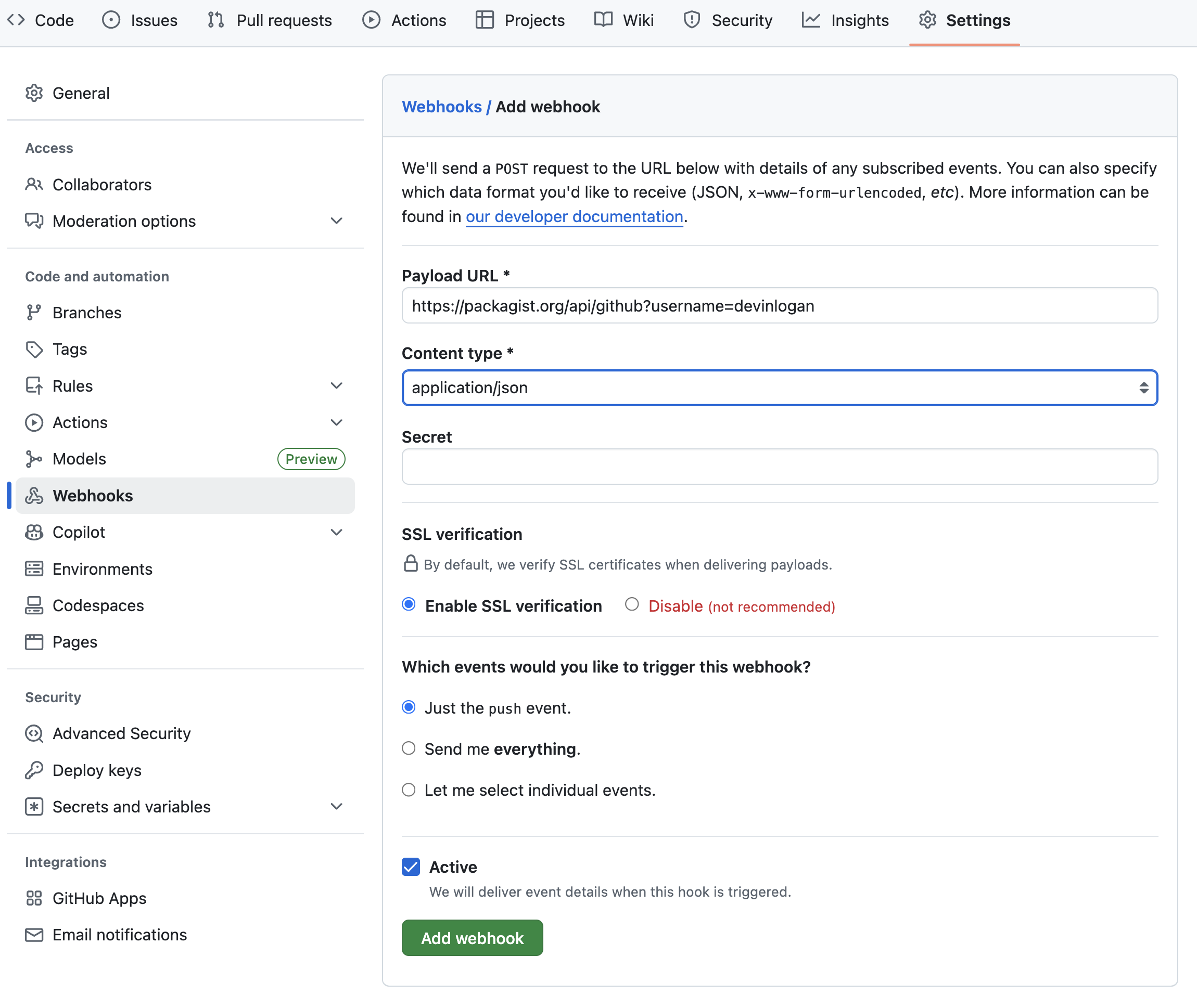 GitHub Webhook for Packagist
