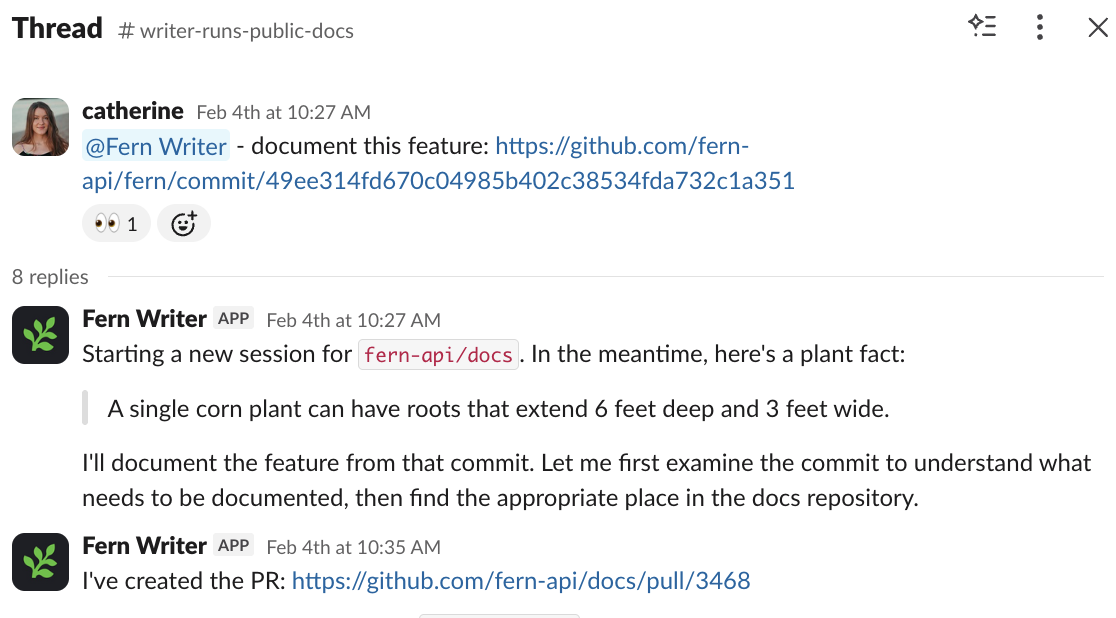 Fern Writer in Slack