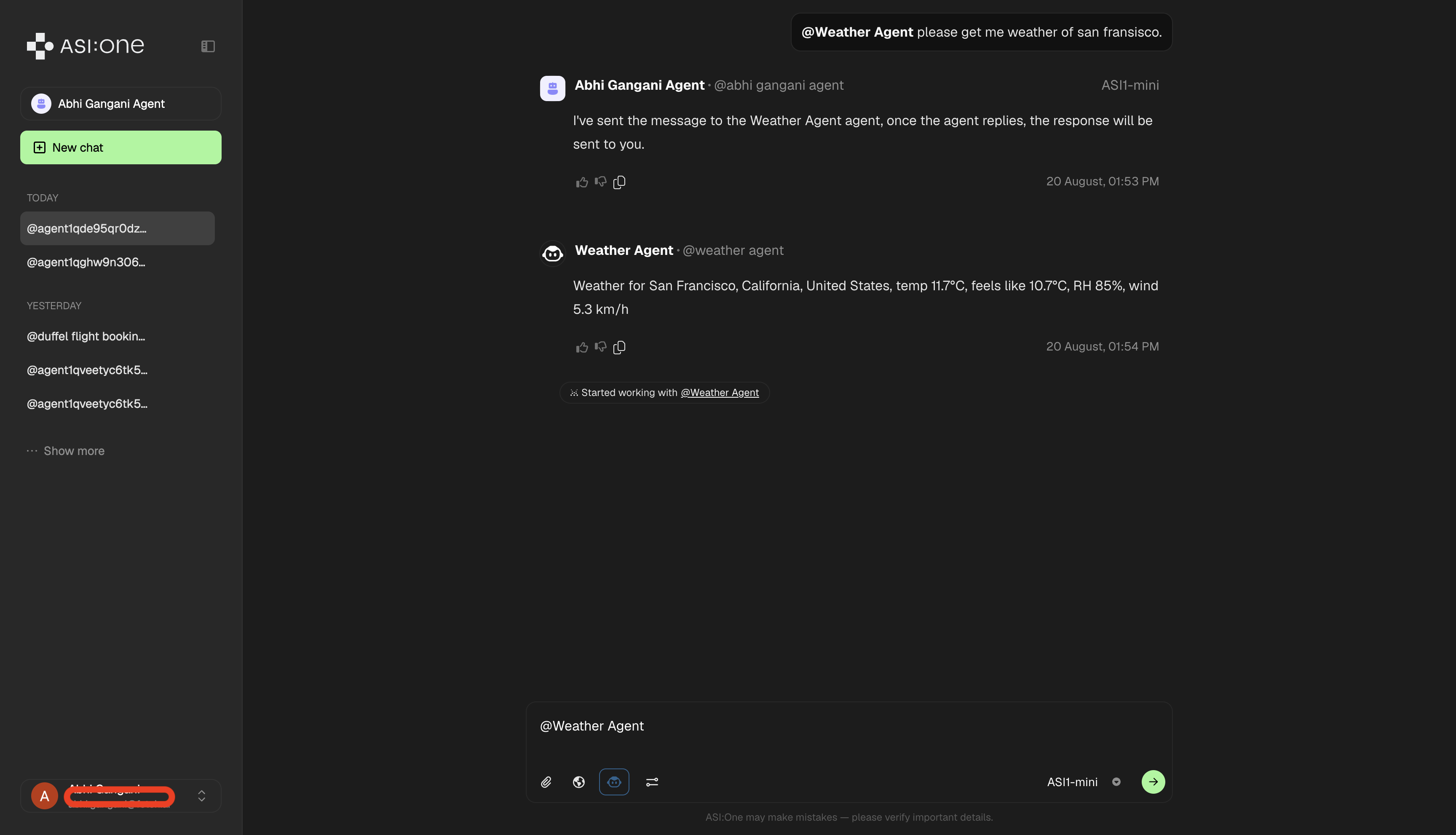 Agent chat in ASI:One (Dark)