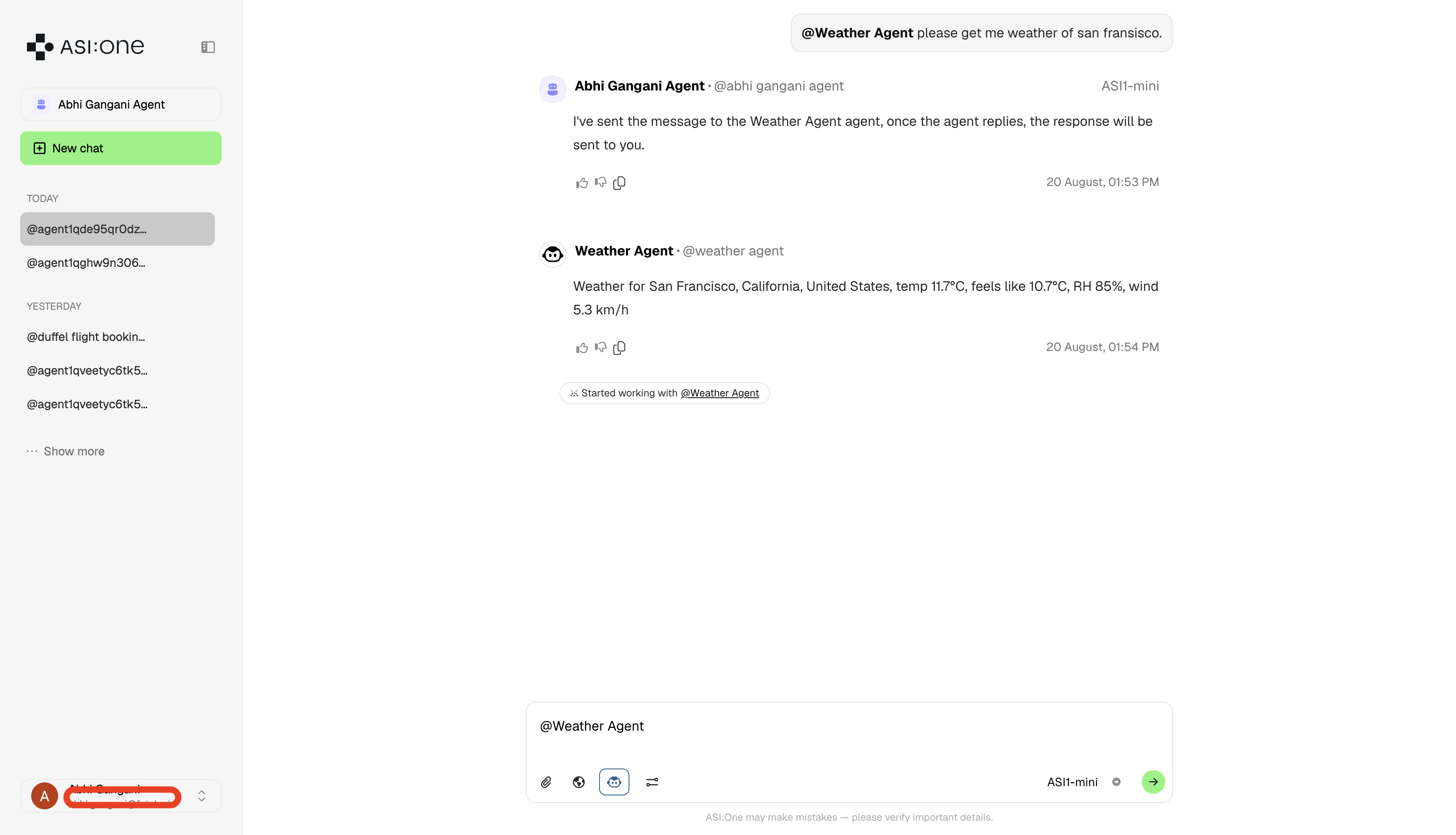 Agent chat in ASI:One (Light)