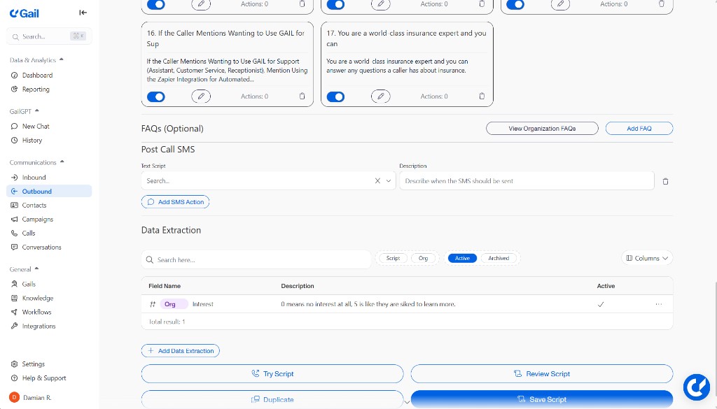 Post Call SMS fields