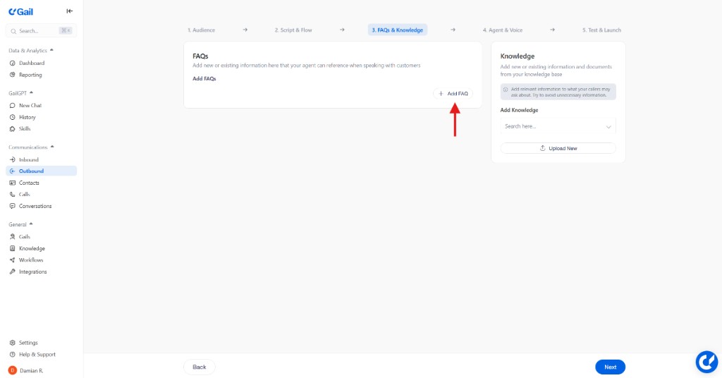 FAQs & Knowledge step for adding agent context