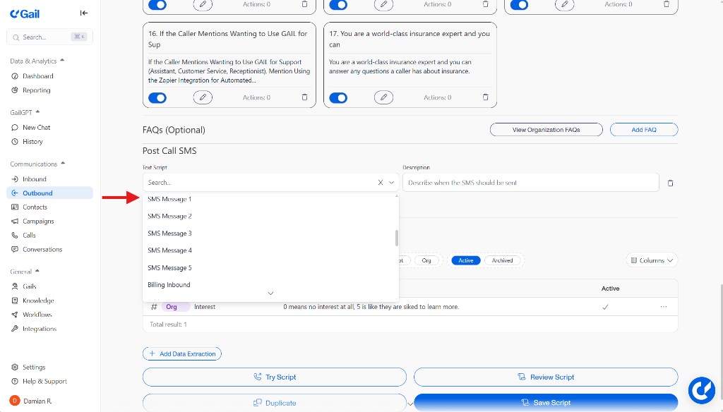 Text Script dropdown for SMS templates