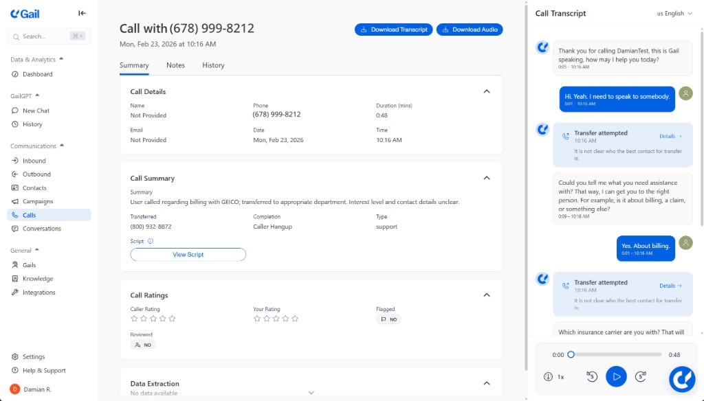 Call details and transcript