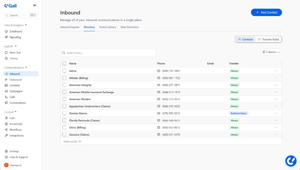 Directory contacts list