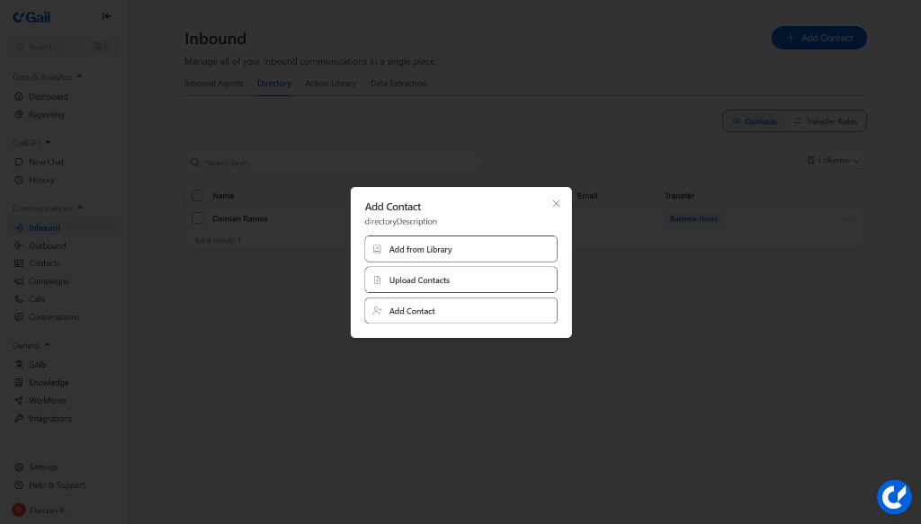 Add Contact popup options