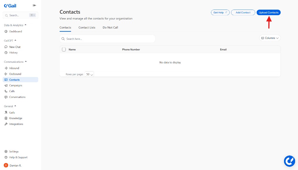 Upload Contacts button