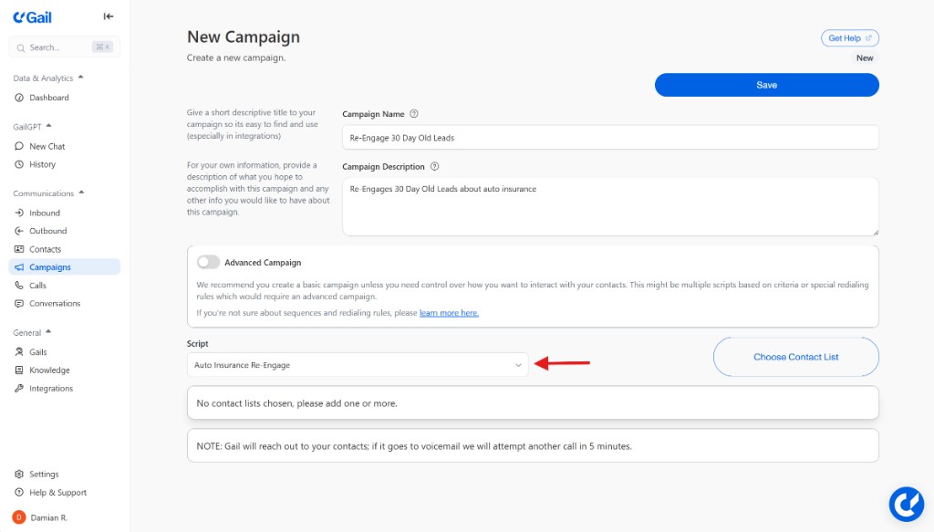 Select a script for the campaign