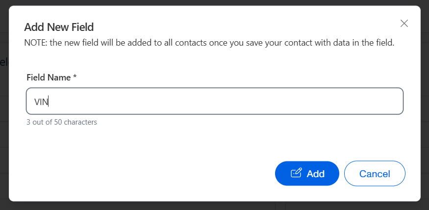 Add New Field dialog with field name