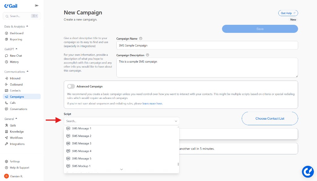 Select SMS Script in Campaign