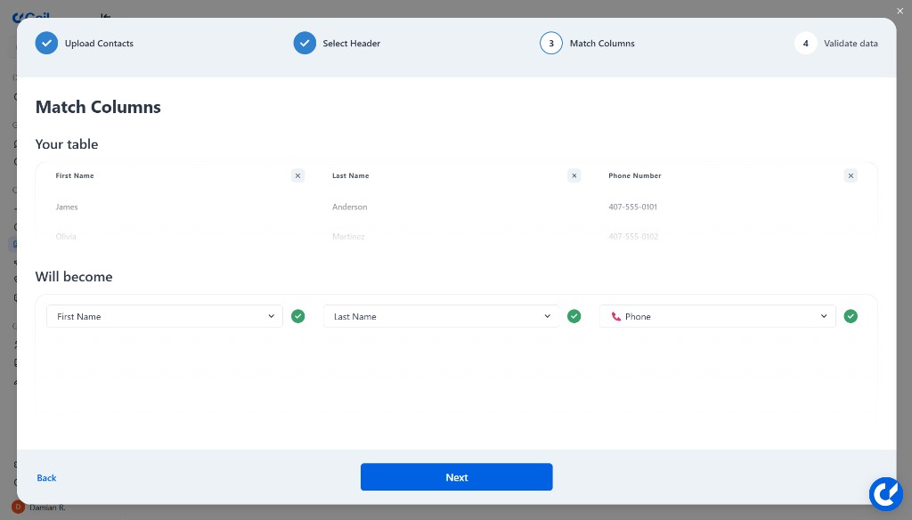 Match Columns mapping screen