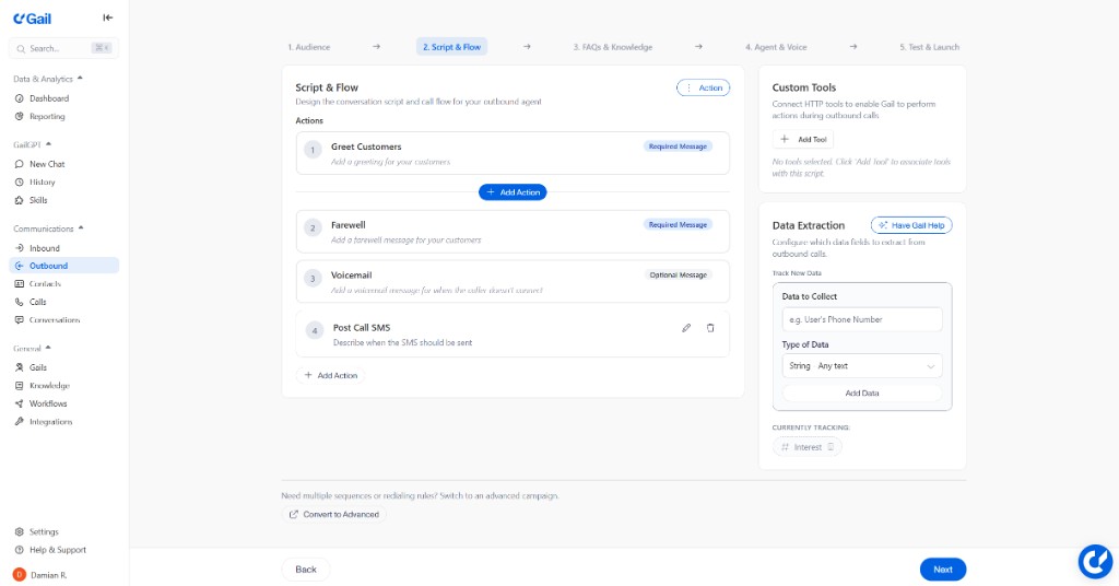 Script & Flow step with actions, custom tools, and data extraction