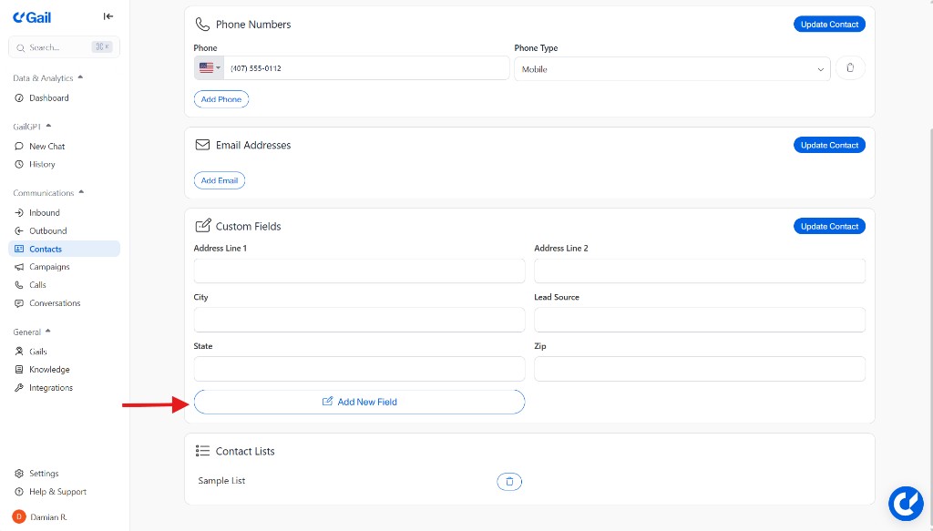 Add New Field button on contact details