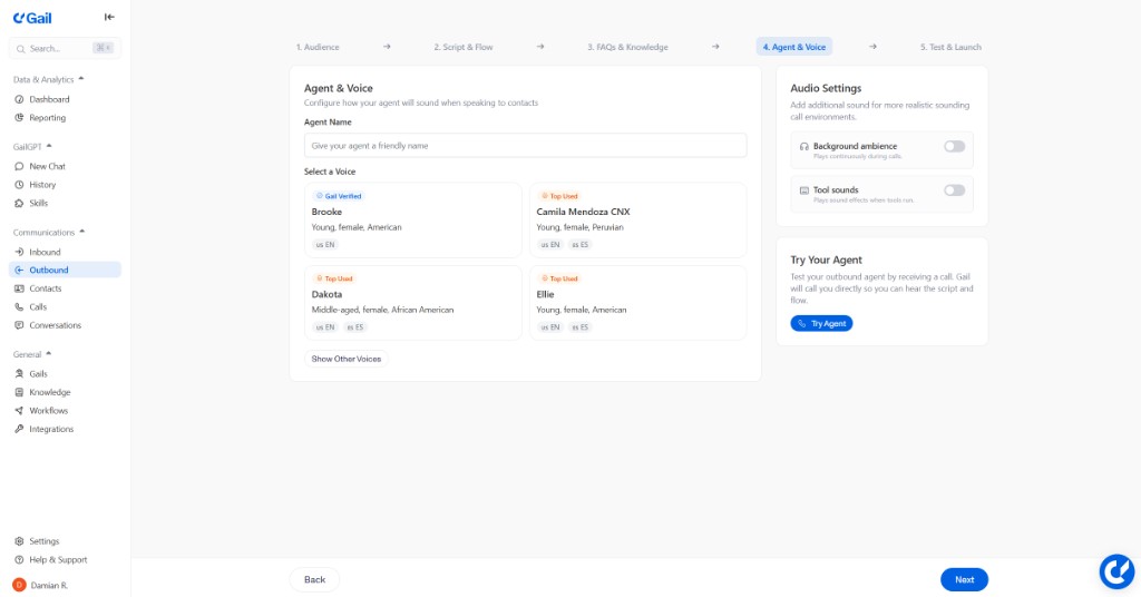 Agent & Voice step with voice selection and Try Agent