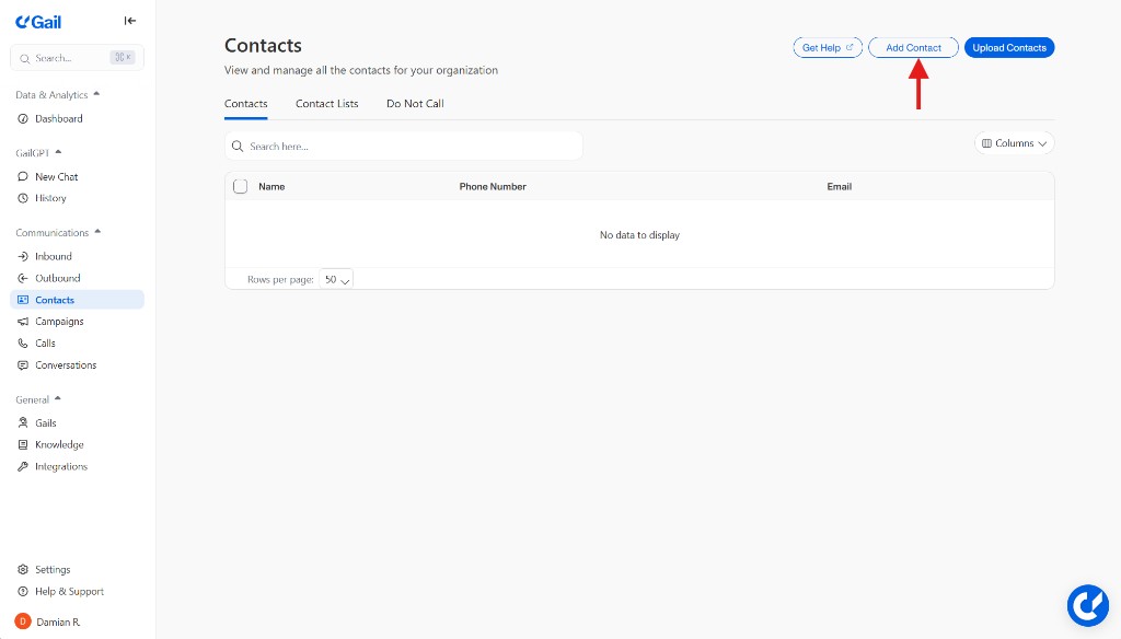Add Contact button on the Contacts page