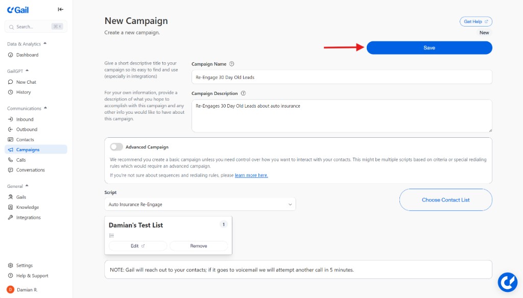 Save campaign button
