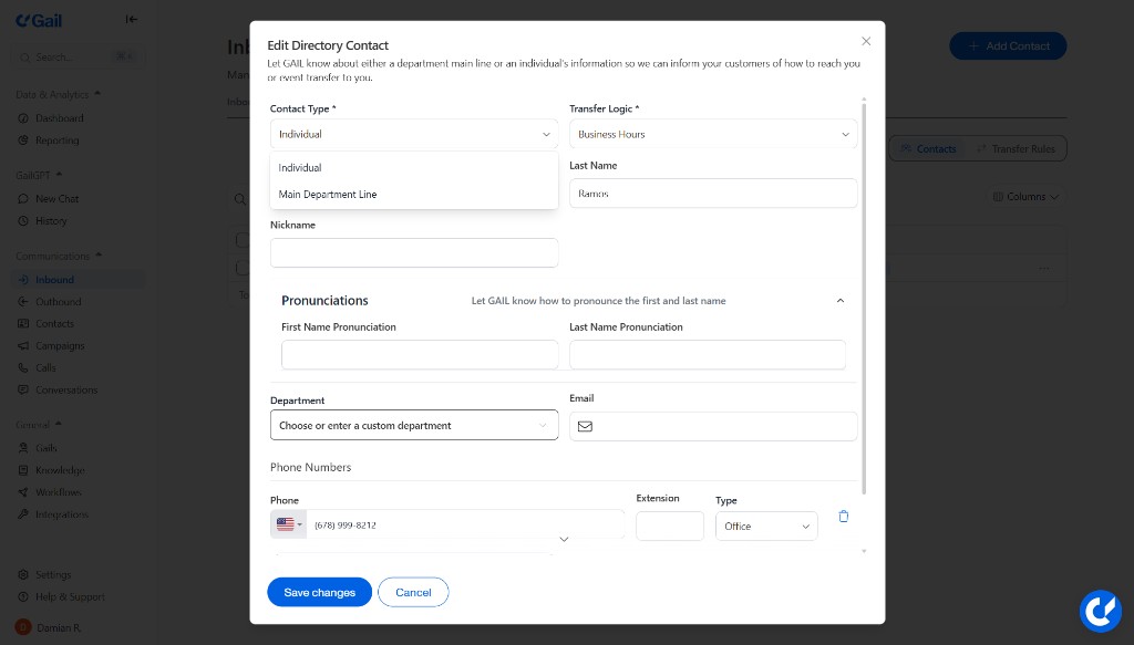 Edit Directory Contact with contact type dropdown