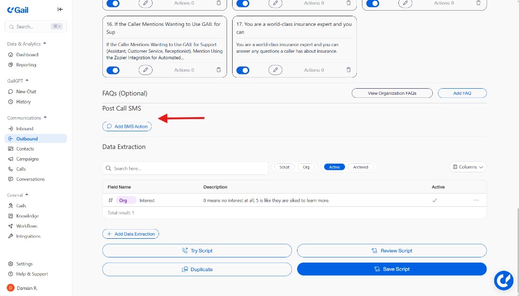Post Call SMS section at bottom of script