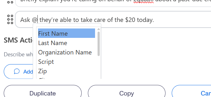 Variable dropdown in action steps