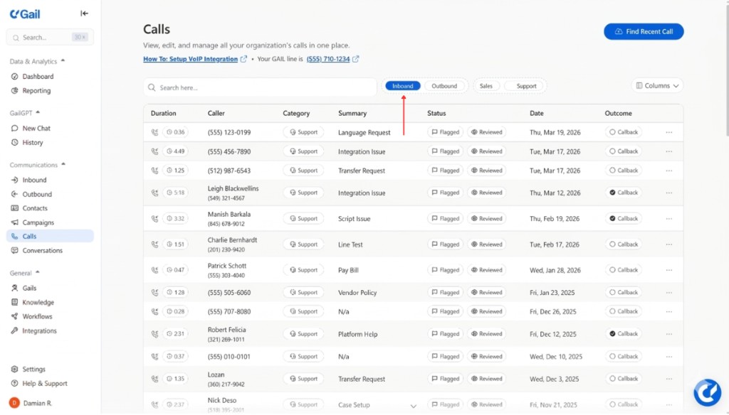 Calls page with filters