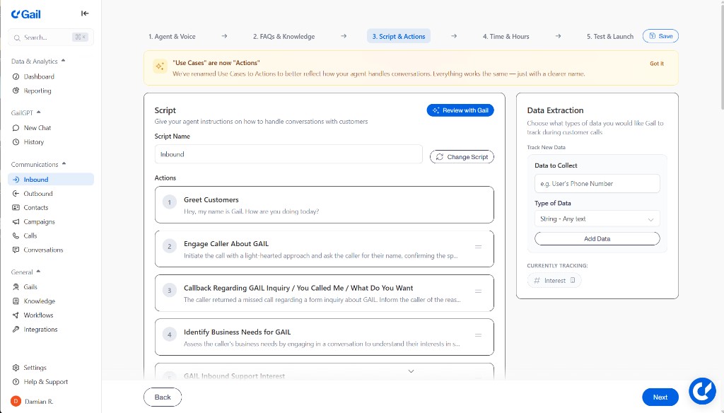 Inbound Script & Actions page