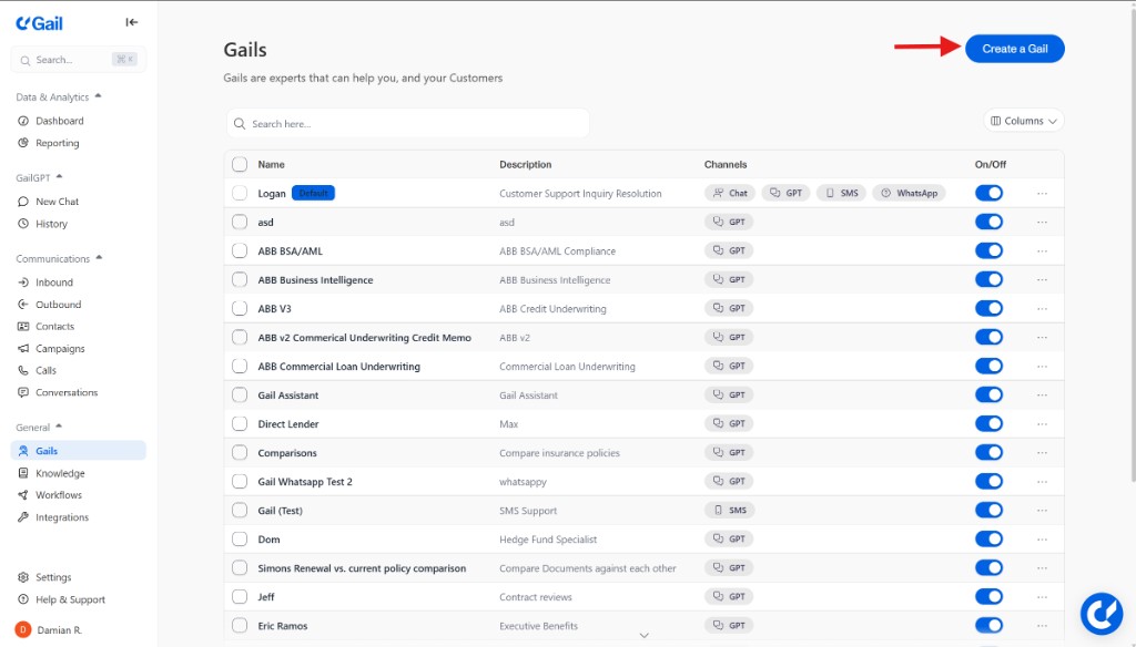 Create a Gail button on the Gails page