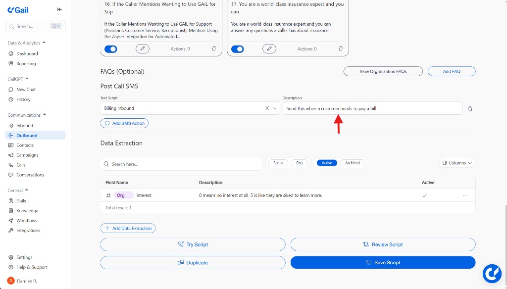 Post Call SMS with description filled in