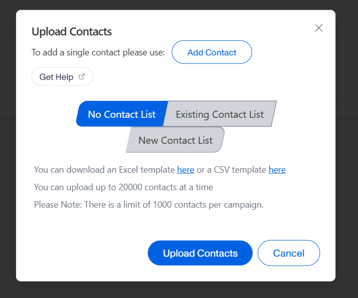 Upload Contacts modal with list options