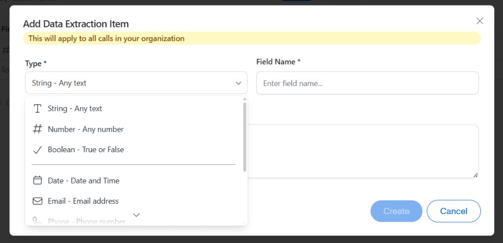 Add Data Extraction Item type dropdown