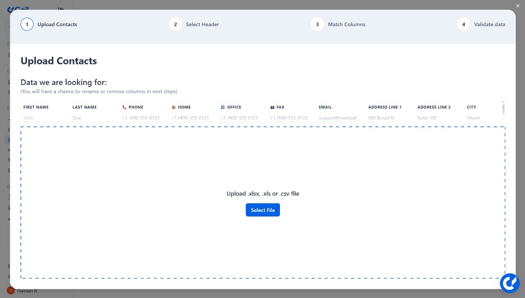 Upload Contacts file selection screen