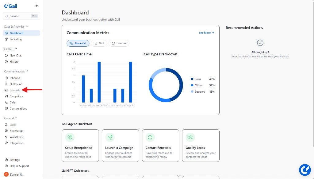 Contacts in the left sidebar
