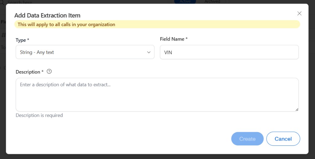 Add Data Extraction Item with field name